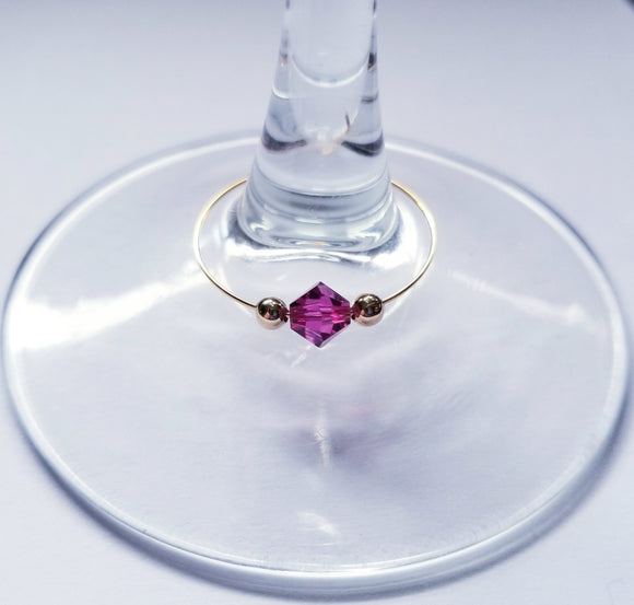 Fuchsia and Gold Preciosa Crystal Wine Charm with 2 small medium gold beads on each side by Spirit & Vine