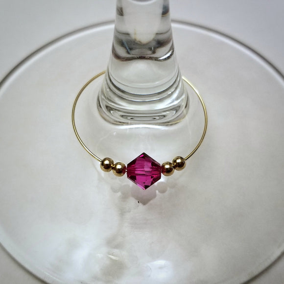 Swarovski Crystal wedding wine glass charm with fuchsia crystal and gold beads by Spirit & Vine